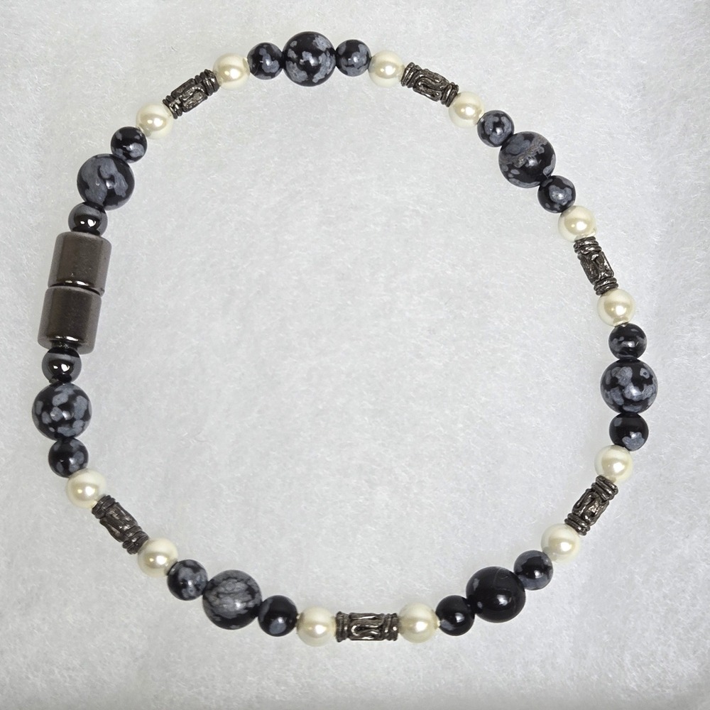 Hematite & Snowflake Obsidian Magnetic Bracelet Black Gray White